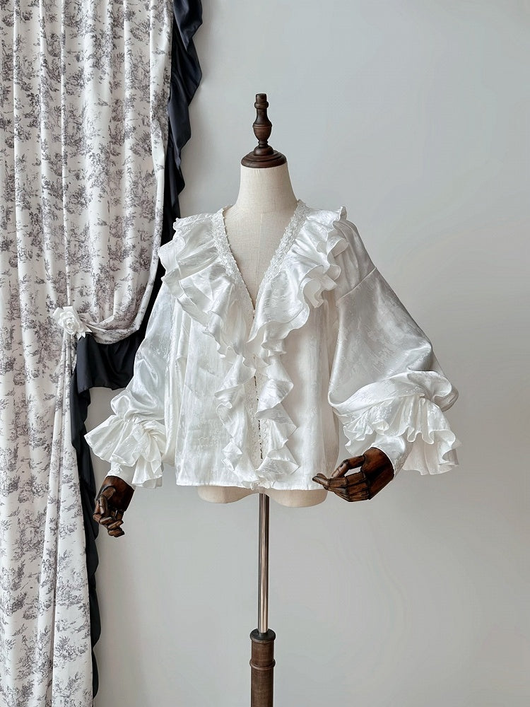 Lange Rüschenärmel V-Ausschnitt Shirt Gothic Weiß Strukturiert Lolita