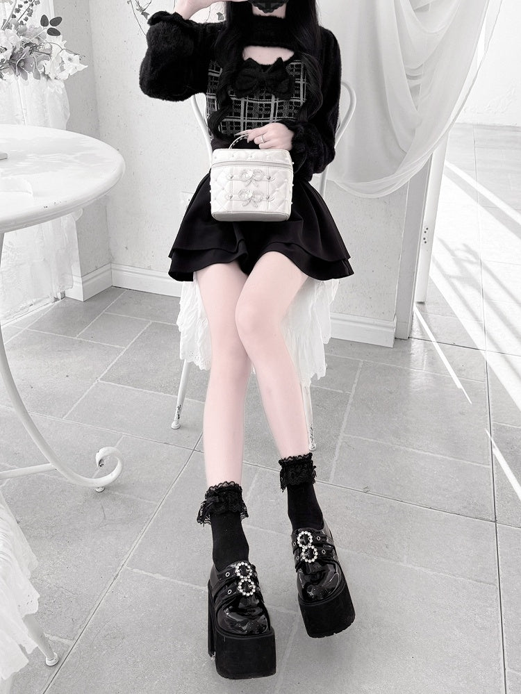 Landmine Mink Knit: Plush in Soft Open-Bust Gray Plaid Style Black Sweater