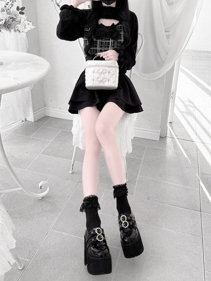 Landmine Mink Knit: Plush in Soft Open-Bust Gray Plaid Style Black Sweater