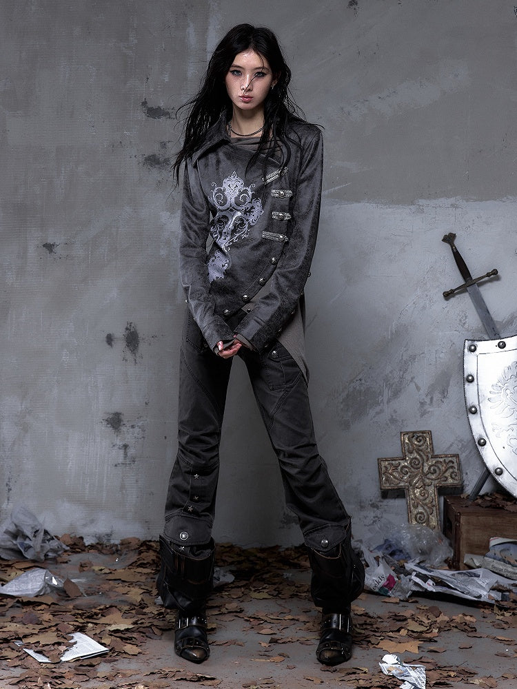 Gray-Brown Vintage with Jacket Cross Dark Punk Street Print Placket Asymmetrical Button