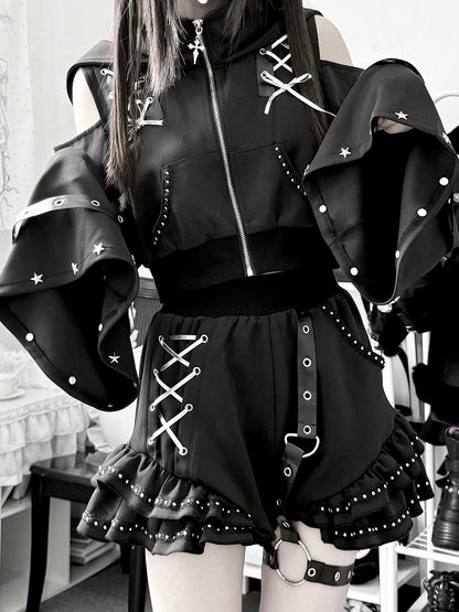 Matte Gothic Jirai-kei Black 2-Piece Set Cat Ear Hooded Cutout Shoulder Top + Shorts with Leg Garter - Bug Starting