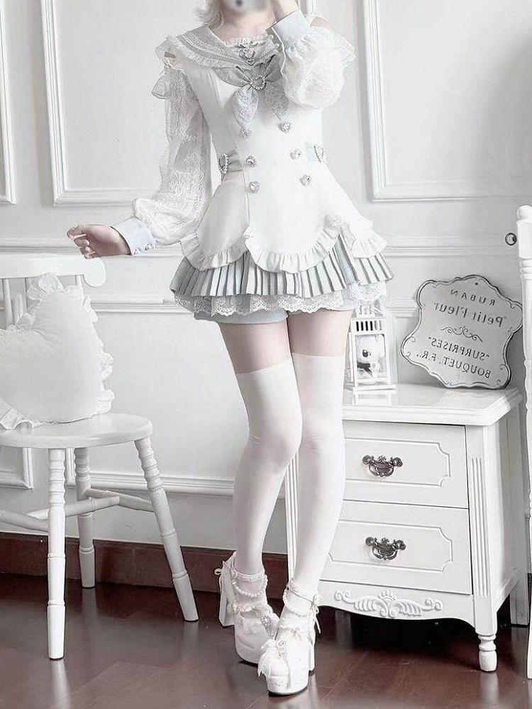 Landmine Style Two-Piece Set in Blue and White with Sailor Collar Cutout Shoulder Pleated Dress and Shorts - Broken Bear