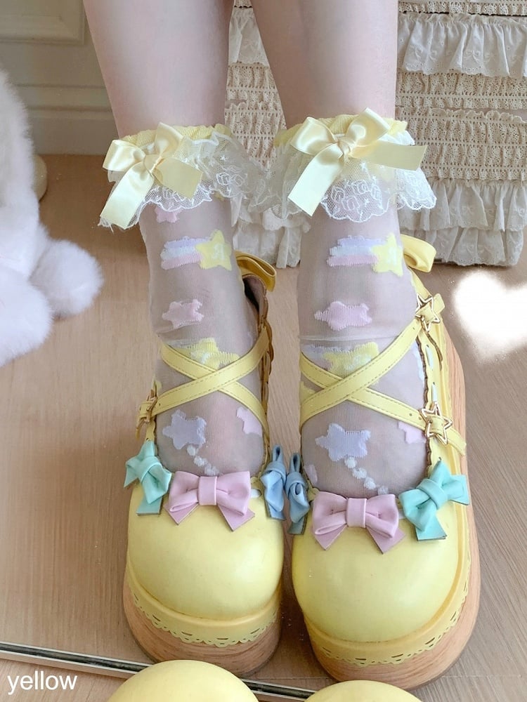 Sheer Ankle Socks with Bow Lace Trim & Star Decoration, 7 Colors - ROJI ROJI