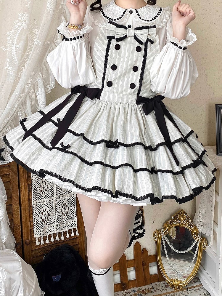 Black Lace Accents Ruffle Sweet Striped Dress Trim with Bow and Layered Overall Lolita