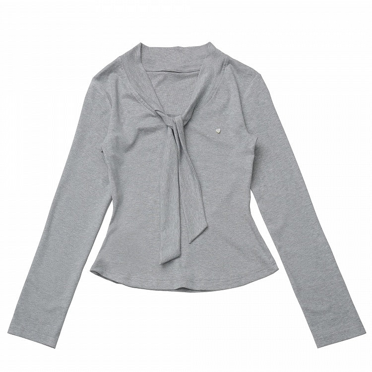 Haut long blanc/gris à nouer au col avec manches et taille cintrée