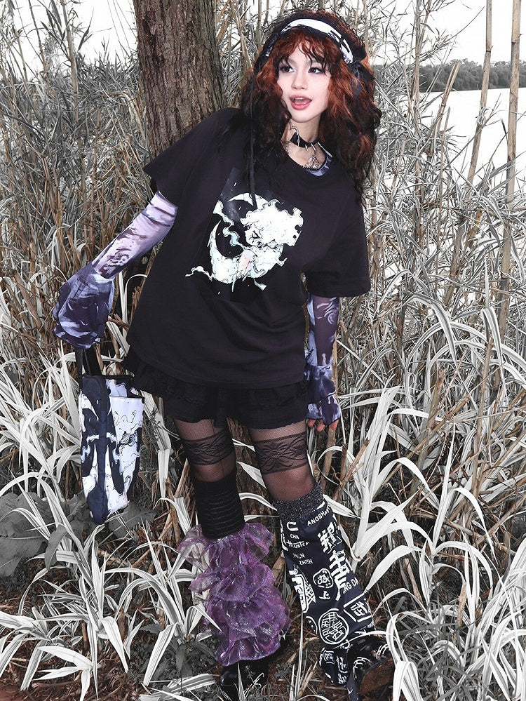 プリントTシャツ ブラック ショート ギャル 漫画 ファッション 袖