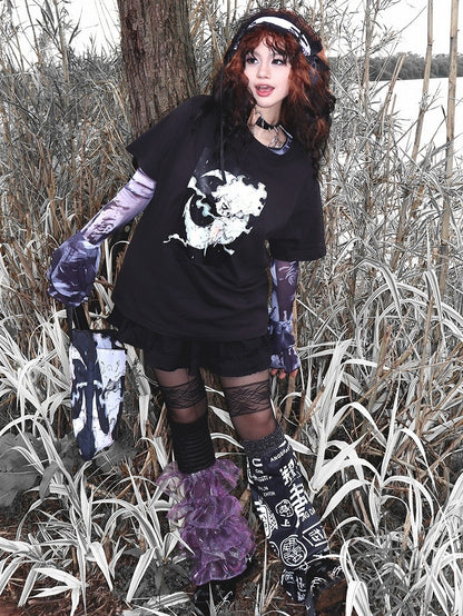 プリントTシャツ ブラック ショート ギャル 漫画 ファッション 袖