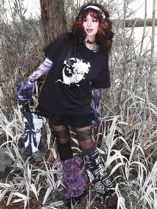 プリントTシャツ ブラック ショート ギャル 漫画 ファッション 袖