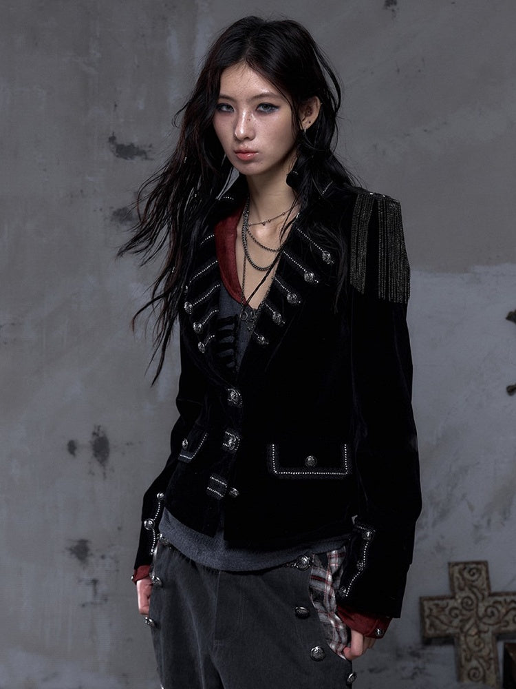Lapel Multi-Row Embroidered Blazer Back Black with Cross Punk Fringe Epaulettes Shoulder Buttons Detachable