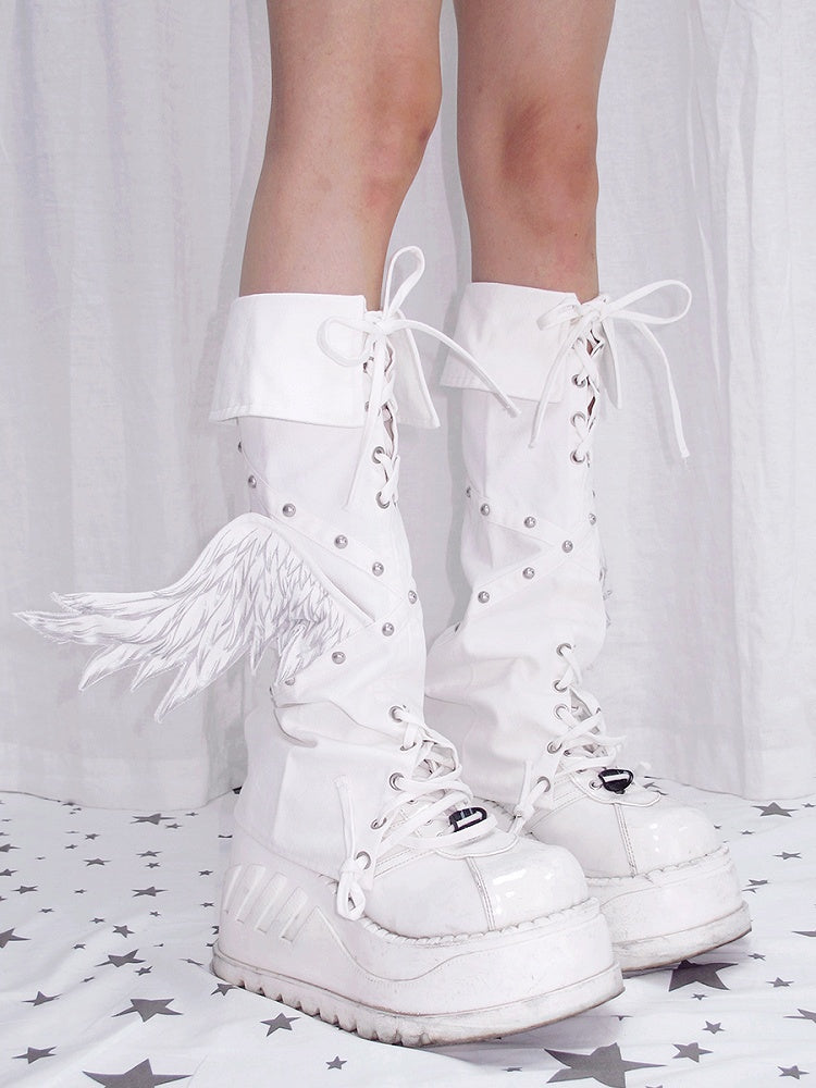 Details Leg White Angel Warmers Studded with Crisscross Punk Laces Wing