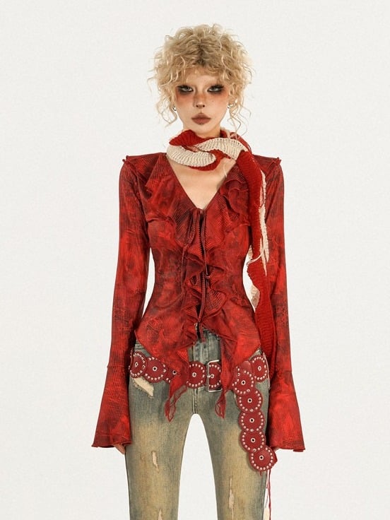 Ruffled Bell Sleeve Red Floral Pattern V-Neck Top