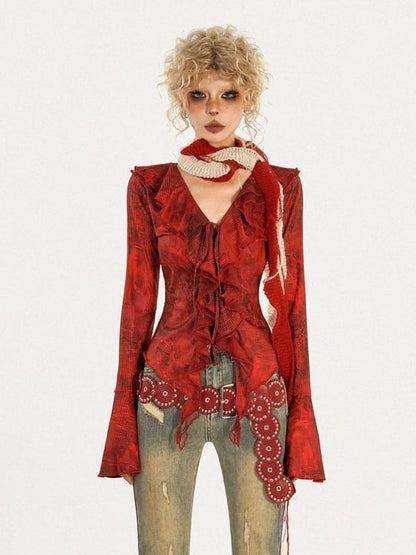 Ruffled Bell Sleeve Red Floral Pattern V-Neck Top