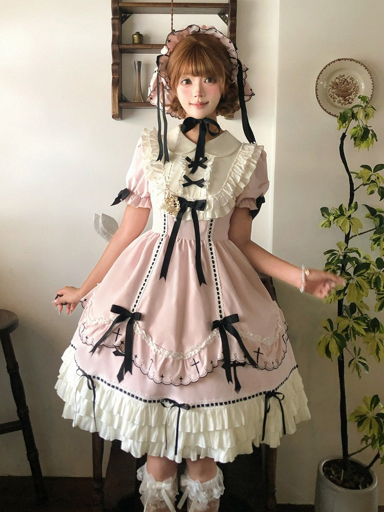 Short Sleeve Lolita OP with Cross Pattern & Ruffle Detail in Pink, Black Bow Accents - MUYU