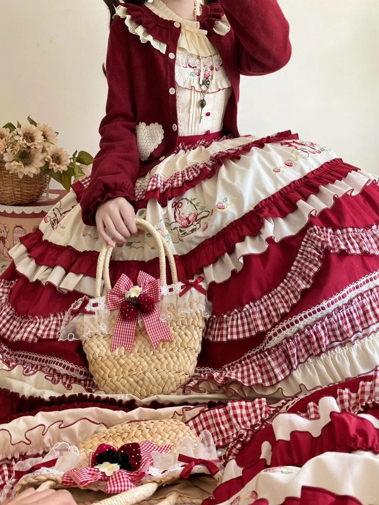 White Strawberry Dress Embroidery Red Ruffles Layered Sweet with Lolita