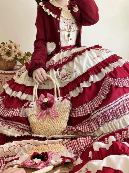 White Strawberry Dress Embroidery Red Ruffles Layered Sweet with Lolita