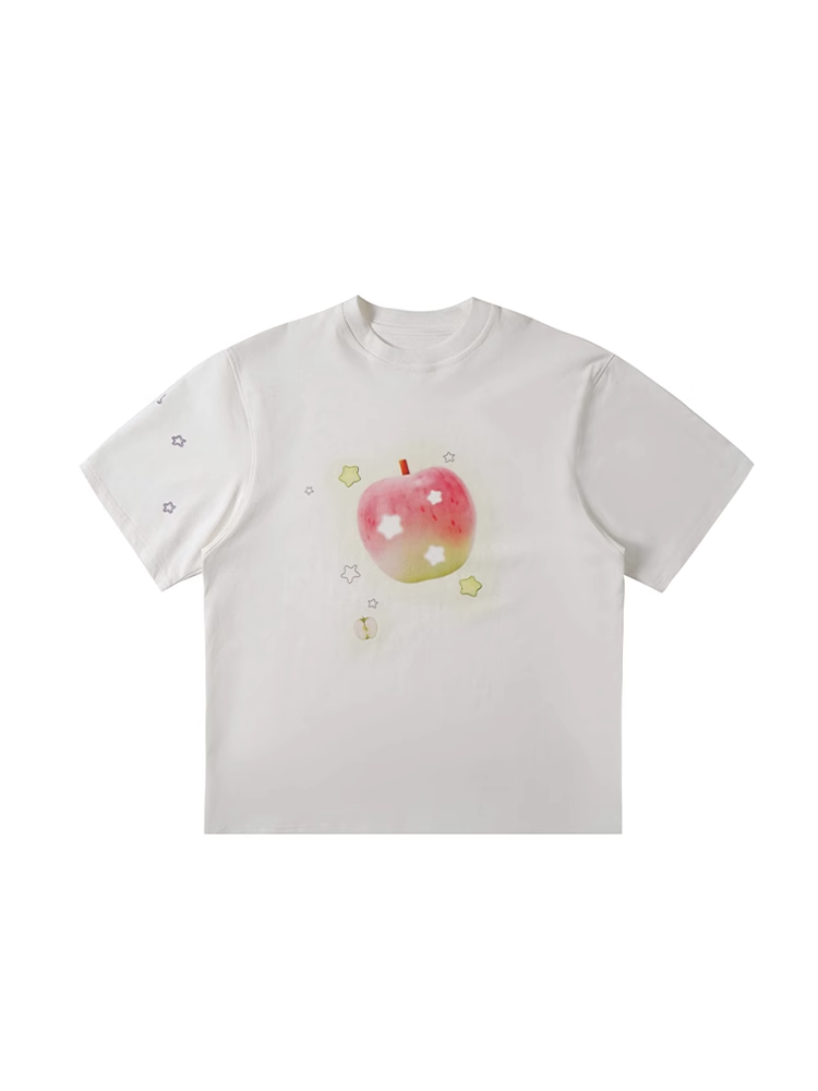 Tシャツ ホワイト ラウンドネック 愛らしいアップルプリント 夏 ゆったり