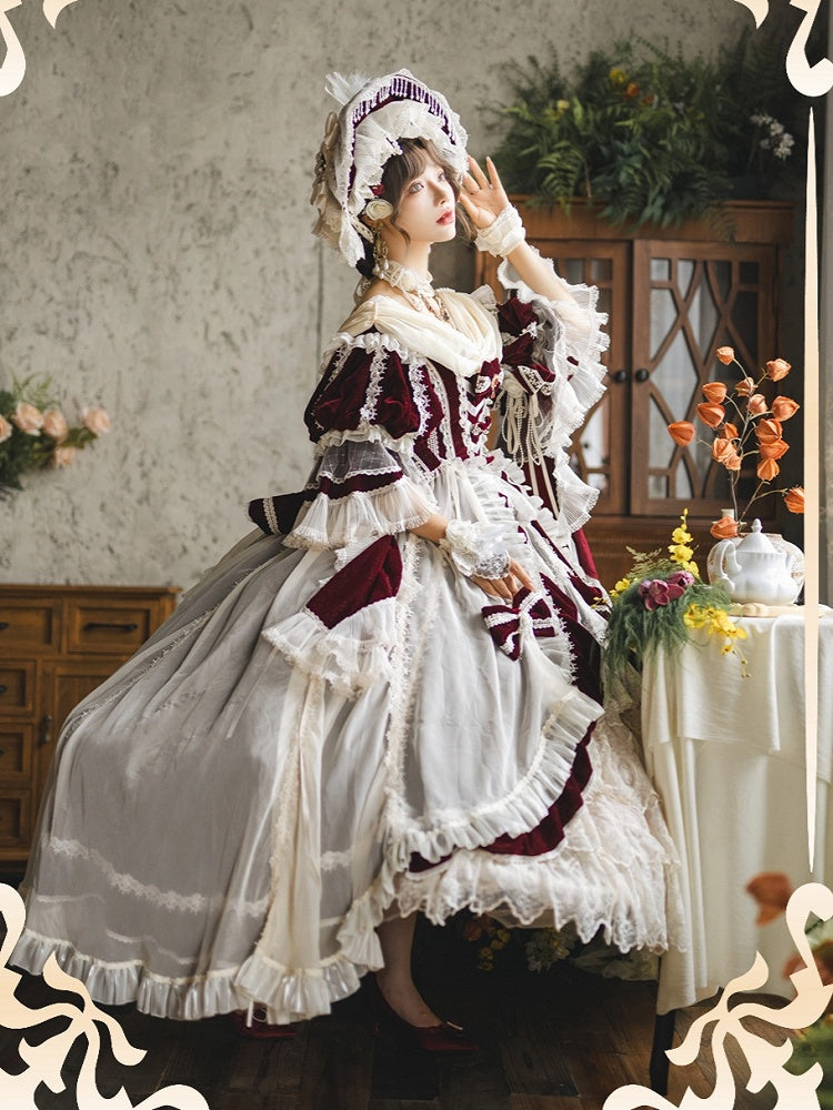 Ruffle High-low Lolita Red Shimmering Velvet Dress Cascading Hanayome and White