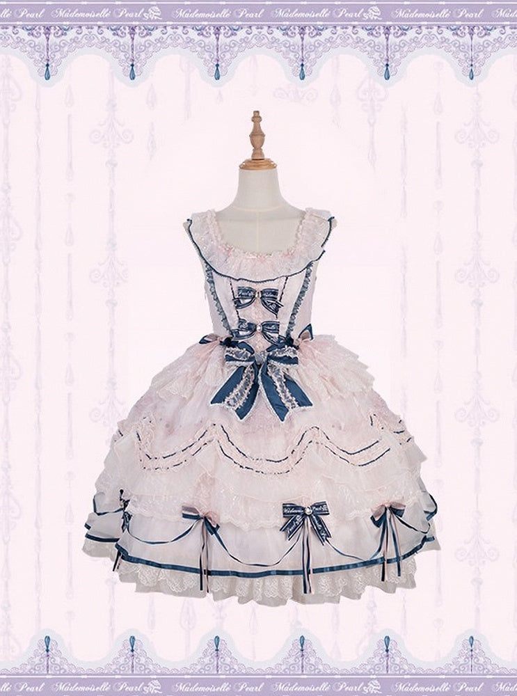 Sweet Bowknot & Embroidery JSK Dress with Lace Trim & Overlay - Mademoiselle Pearl