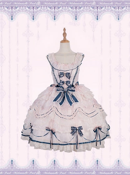 Sweet Bowknot & Embroidery JSK Dress with Lace Trim & Overlay - Mademoiselle Pearl