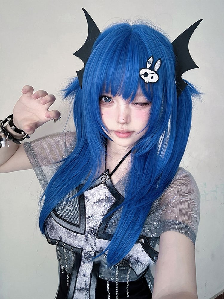 Straight Length Bangs Full With 63CM Wig Blue