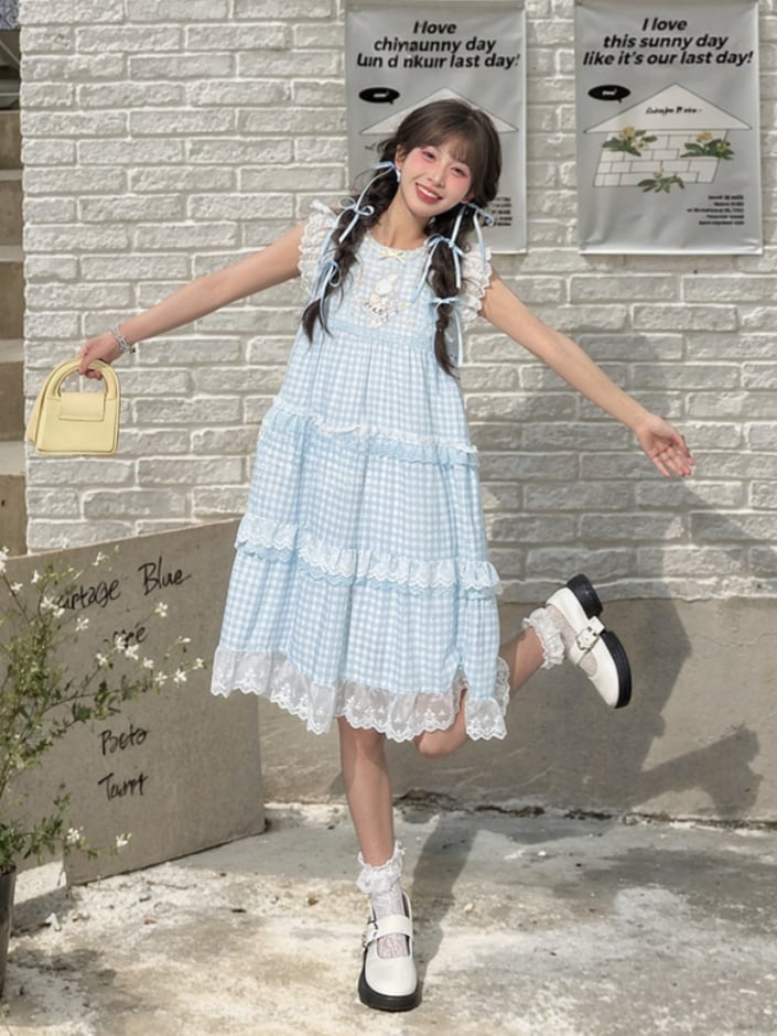 Sleeveless Dress Blue Plaid Tiered Flutter Bunny Embroidery Lace Sleeves Skirt Trim