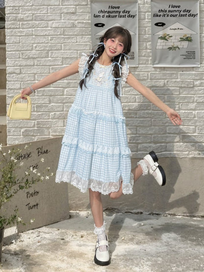 Sleeveless Dress Blue Plaid Tiered Flutter Bunny Embroidery Lace Sleeves Skirt Trim