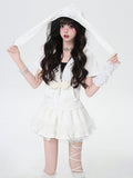 White Print Bunny Ears and Design Hood Allover Wings Star Angel