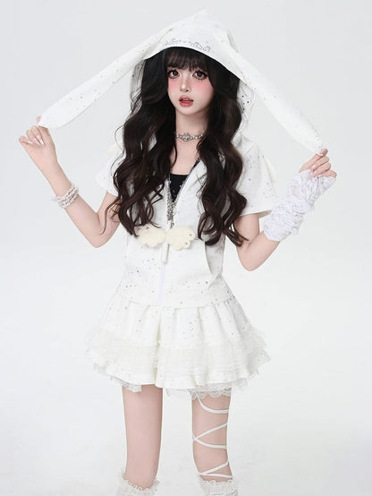 White Print Bunny Ears and Design Hood Allover Wings Star Angel