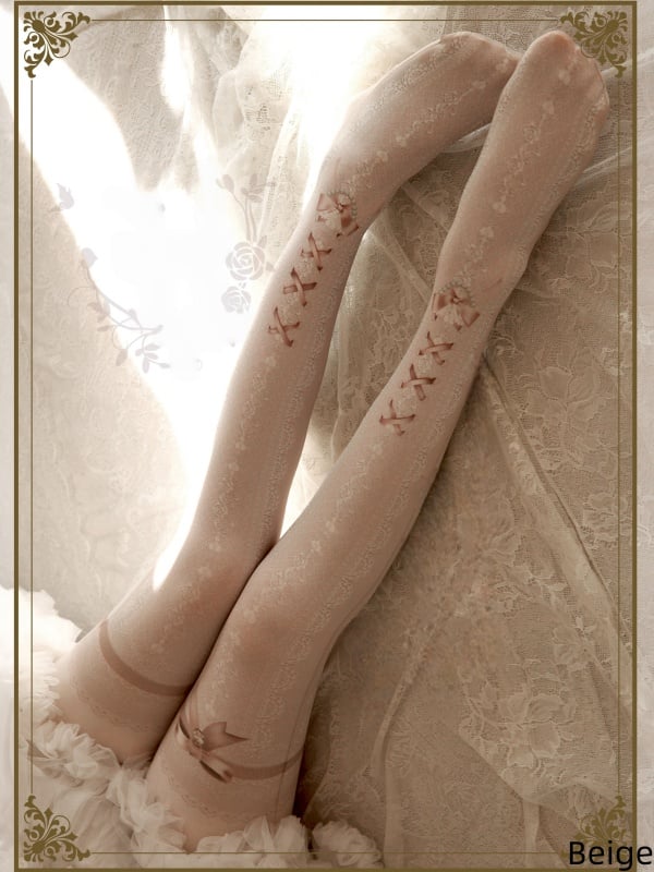 Lace Print Lolita Colors Tights 10 Strappy Bowknot