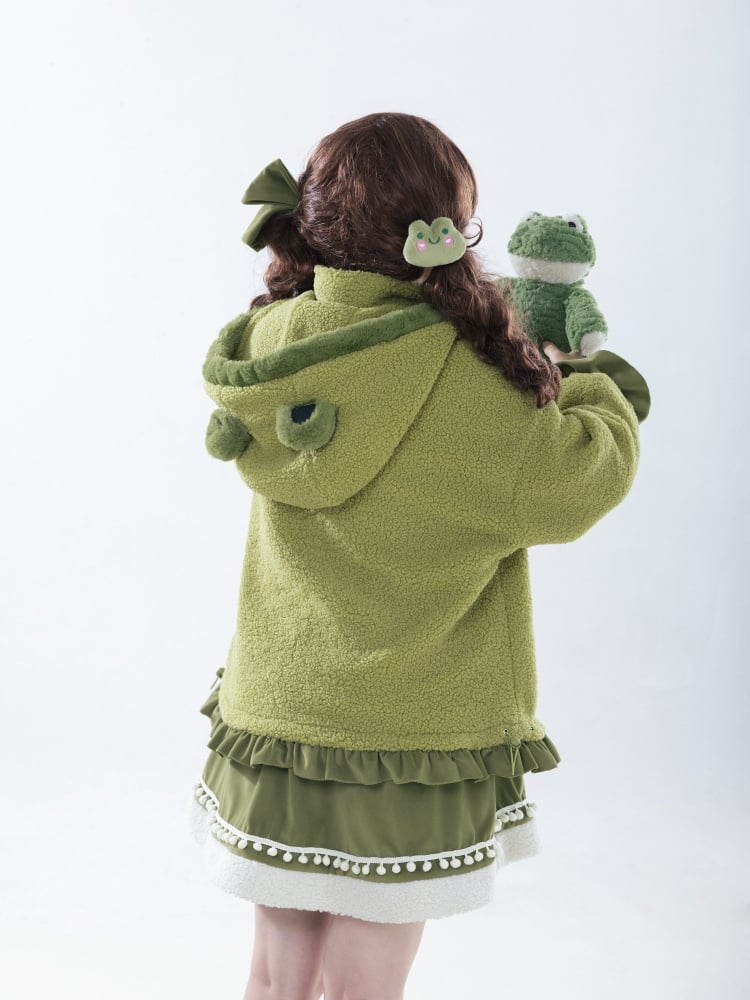 グリーンのハイネックリトルフロッグフード付きフリースコート