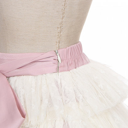 Beige Tüll Balletcore Selbstbinden Stufenrock Schleife mit