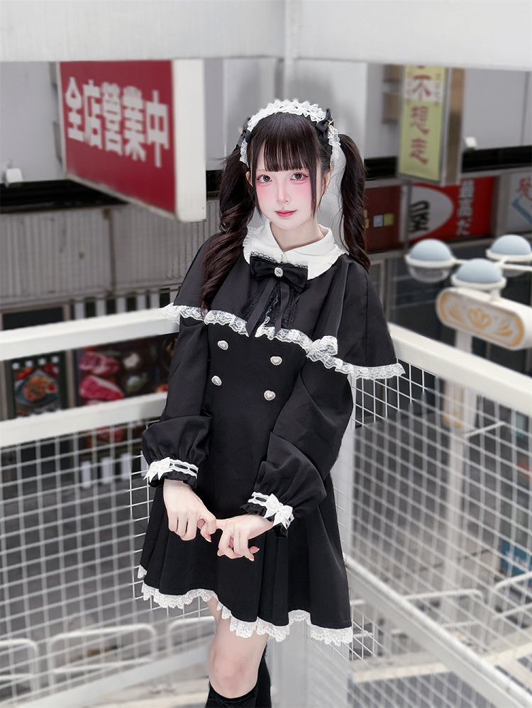 Tie Dress Kei Trim Bow Lace Winter for Free Jirai Cape White + Fall : Black