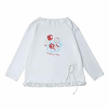 White Crew Neck T-Shirt with Apple Print and Split - PINK SAVIOR