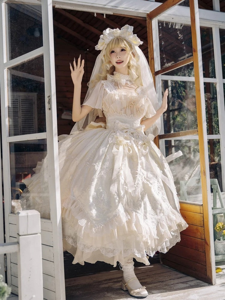 Lolita Dress JSK Ruffles Flowing Hanayome Yellow Version Rose Layered Accents with Long Light