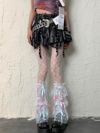 Sleeves Leg Set Semi-sheer Self-tie Floral White Design Y2K Pattern Straps Hollow-out Tights +