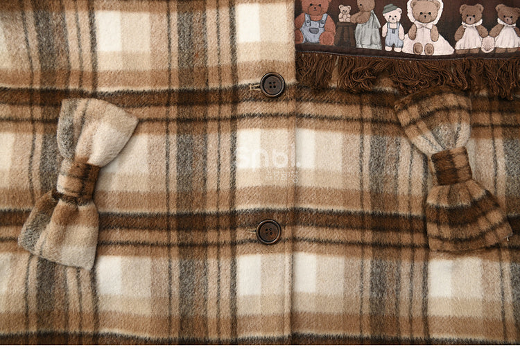 Brauner Wollmantel mit süßer Bären-Applikation und karierter Kapuze, lange Version