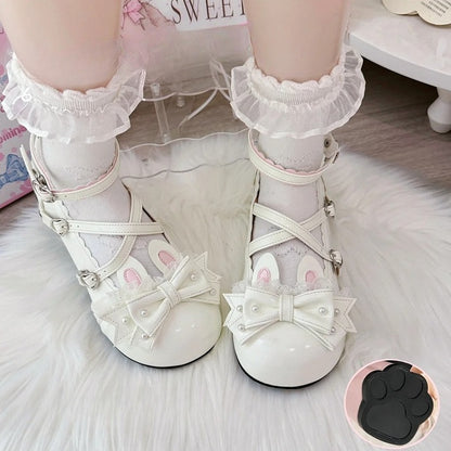 Ear Janes White Bow Leather Bunny PU Lolita Mary Sweet -