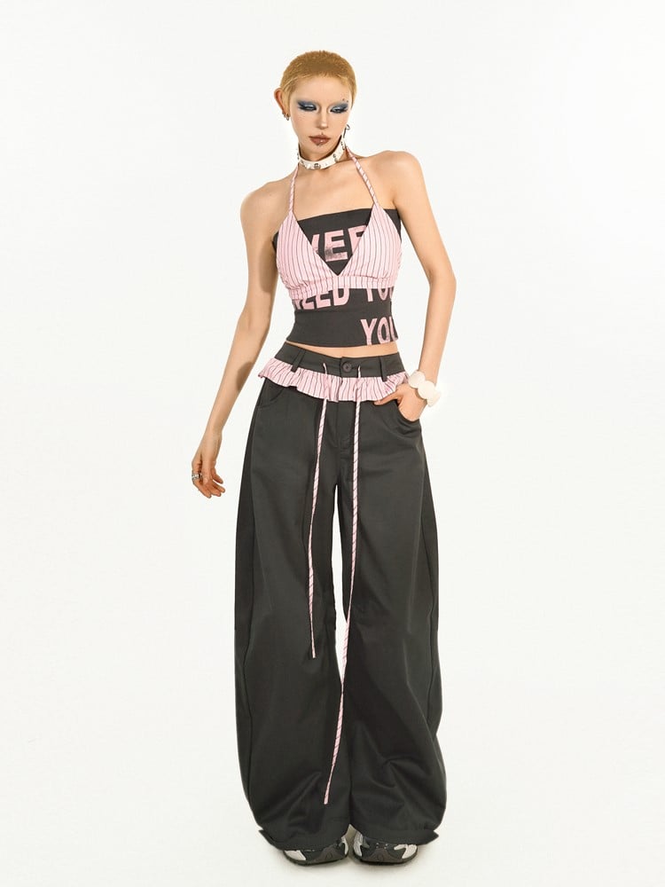 Two-piece Trim Wide-Leg Pants with Pink-Black Striped Black Faux Ruffle
