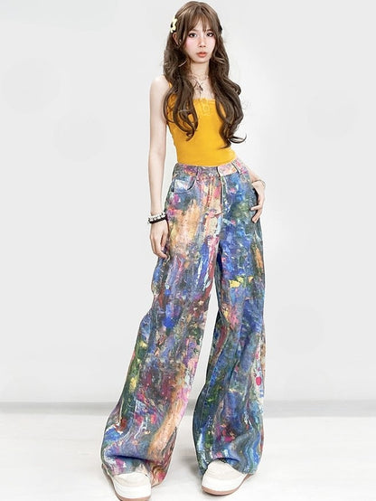 Schnitt Bunt Glamourös Y2K Jeans Weites Bein