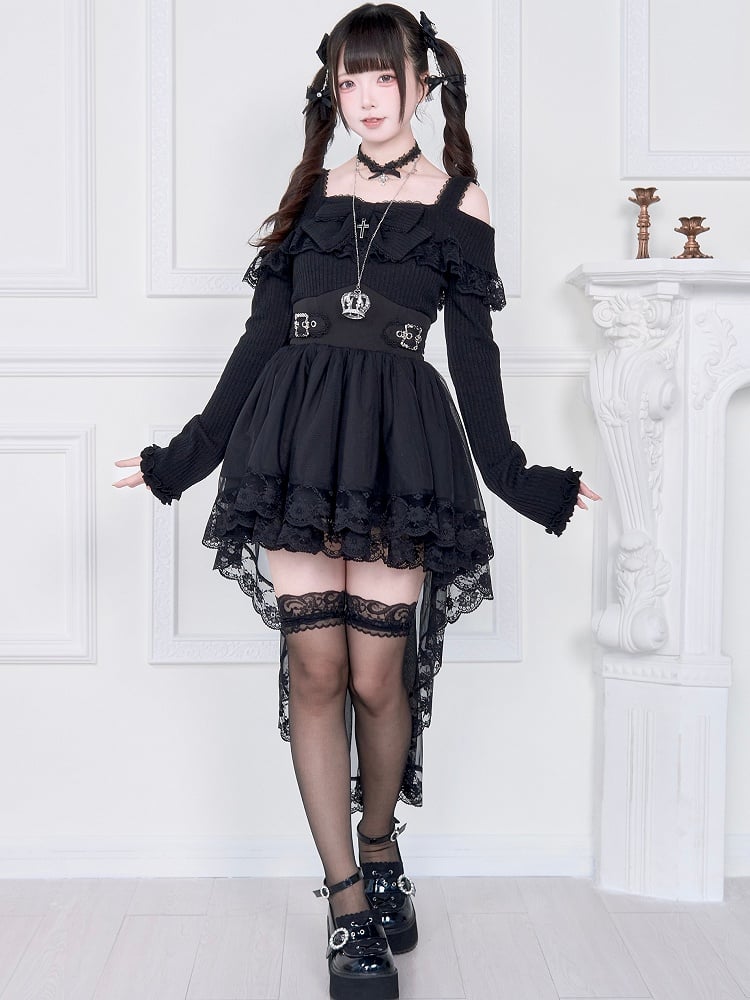 Inverted High-Low Two-Piece Waist Basque Black with Kei Dress: Jirai Off-Shoulder Faux Hem