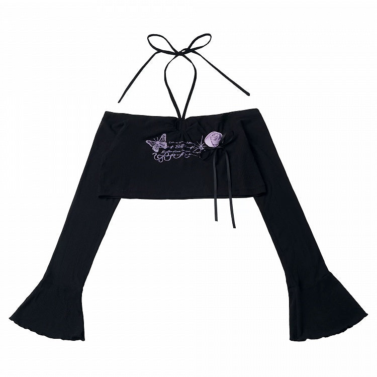 Black Flare-Sleeve Cropped Knit Top with Butterfly Print & Rose - PINK SAVIOR