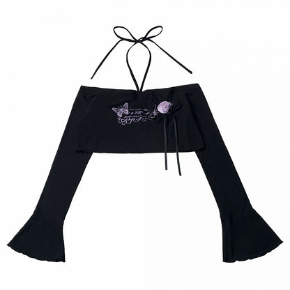 Black Flare-Sleeve Cropped Knit Top with Butterfly Print & Rose - PINK SAVIOR