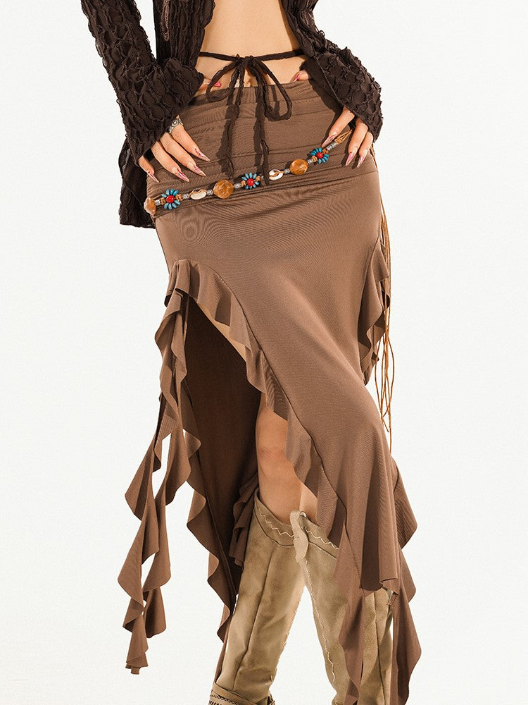 Knit Dress/Skirt Slit 2-in-1 Cascading Brown Side Convertible Ruffle Strapless with Hem