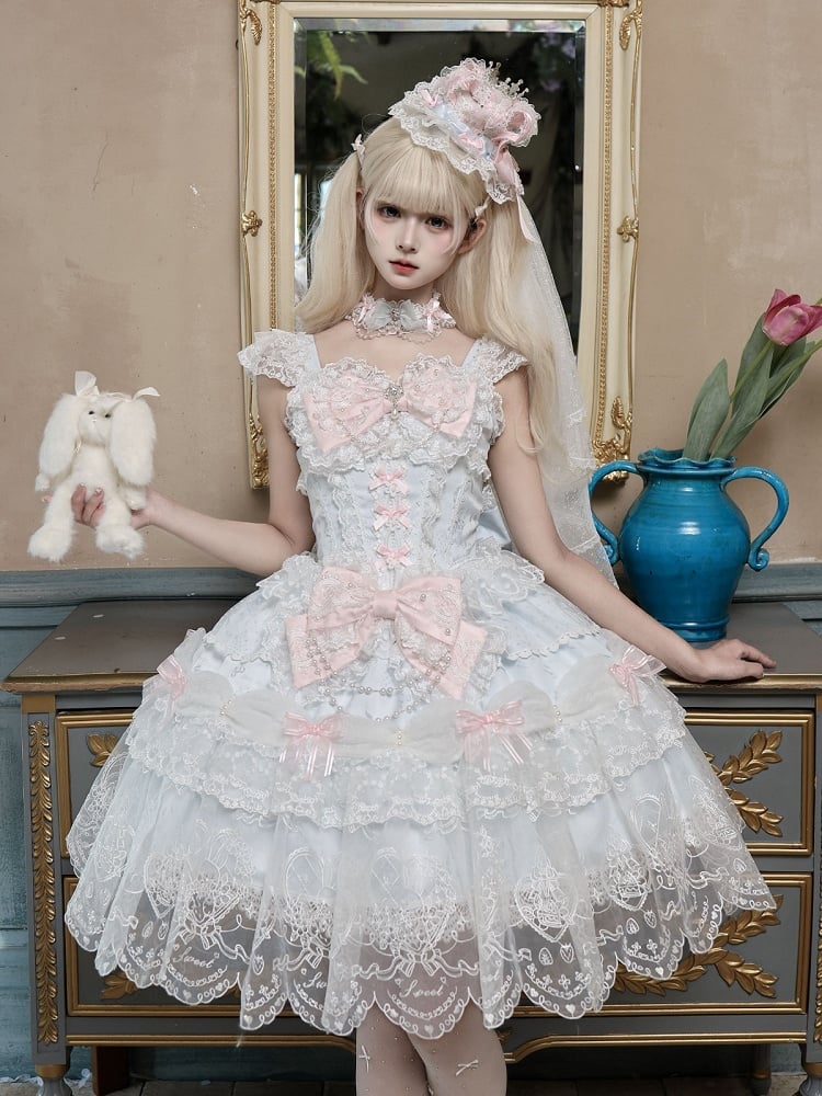 Blue Multi-Layer Lace Trim Lolita JSK with Bow and Bead Chain Decorations - White Sugar Girl