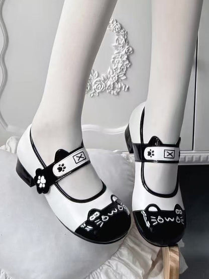 Straps - Print Round Mary Low-heel Cat Paw Ear Stitching Cute Janes Kitty in Toe PU Adorable Black with