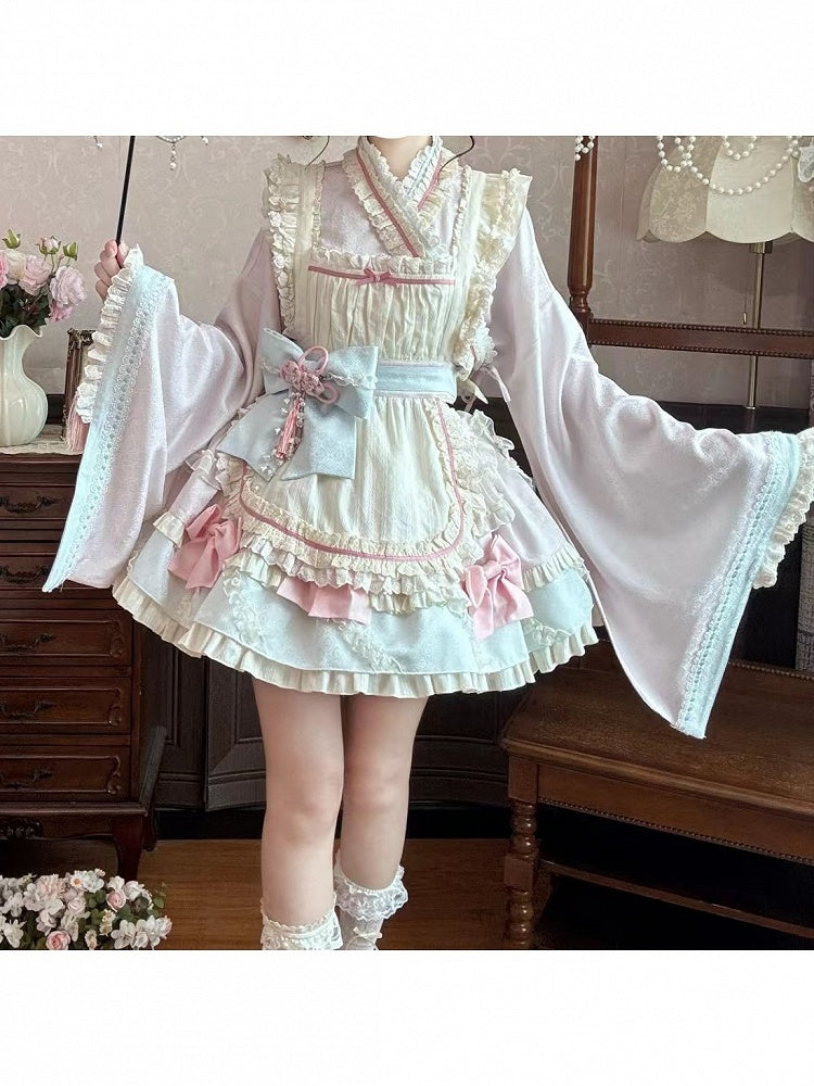 Hanfu-Inspired Lolita Top, Ruffle Mini Skirt & Apron Set in Pink Blue - Berry Story Lolita