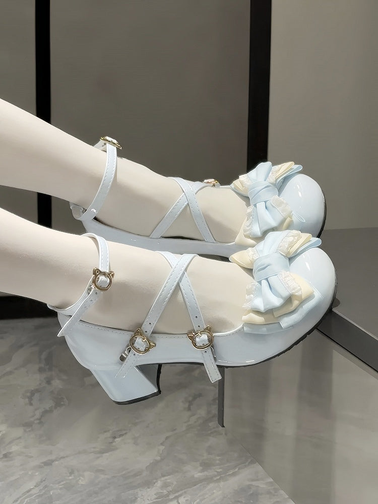 Sweet Blue - Mary Toe Lolita Round Top Kitty Mid-heel Buckle Janes Bow PU