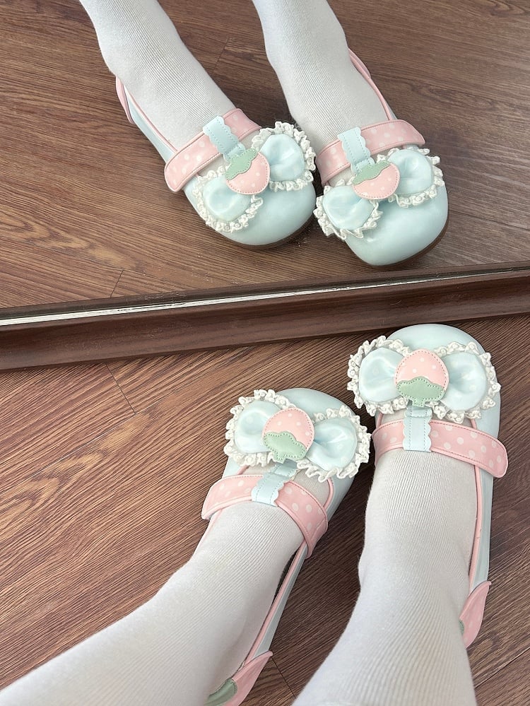 Sweet in Shoes Strawberry PU Top Bow Leahter Blue Closures T-Velcro Strap Flat -
