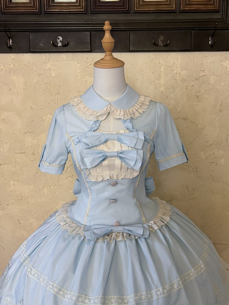 Blue Old School Lolita Cotton OP Dress with Embroidered Scallop Trim Skirt - Secret Tea Party