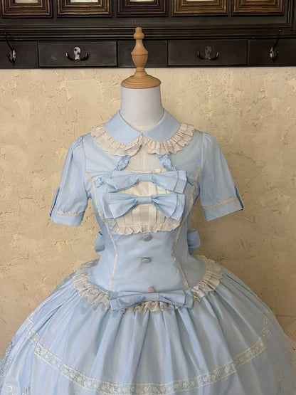 Blue Old School Lolita Cotton OP Dress with Embroidered Scallop Trim Skirt - Secret Tea Party